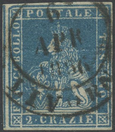 1851, 2cr. N.5d Azzurro su Grigio, usato. (A+) (A. Diena) (Cat.275)