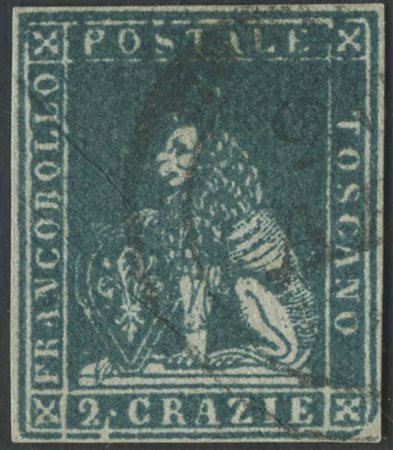 1851, 2cr. N.5e Azzurro verdastro su grigio, usato. Due grinze...