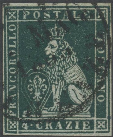 1851, 4cr. N. 6b Verde Scuro su Azzurro, usato. Tonaità particolarmente...