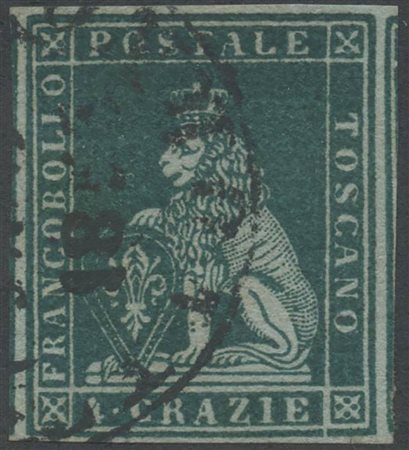 1851, 4cr. N.6a Verde Azzurro su Azzurro, usato. (Lux) (A. Diena) (Cat.550)