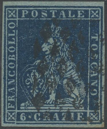 1851, 6cr. N.6c Azzurro Scuro su Azzurro, usato. (A+) (A. Diena) (Cat.650)