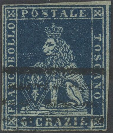 1851, 6cr. N.7d Azzurro Scuro su Grigio, usato. (A+) (A. Diena) (Cat.450)