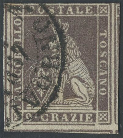 1851, 9cr. N.8. Bruno Violaceo su grigio Tre grandi margini, corto in alto....