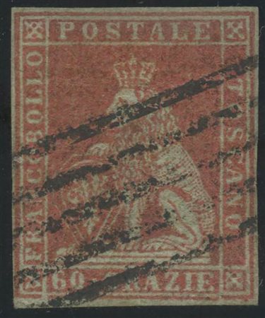 1851, 60cr. N.9 Carminio Cupo su Grigio. francobollo riparato. (C) (Cat.50.000)