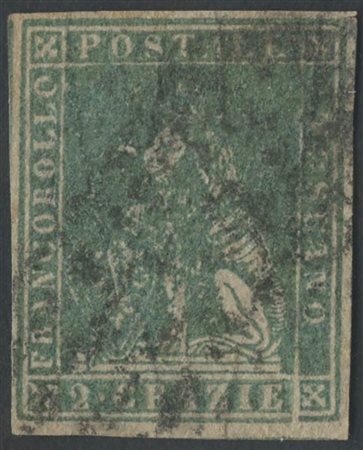 1857, 2cr. N. 13b Verde Grigio Giallastro, usato. Esemplare con Filigrana...