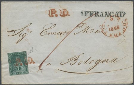 05.09.1853, Lettera da Livorno per Bologna affrancata con un 4cr. N.6a Verde...
