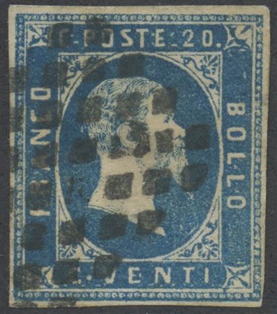 1851, 20c. N.2g Azzurro Chiaro I° Tiratura. (A+) (Cat.5.500)
