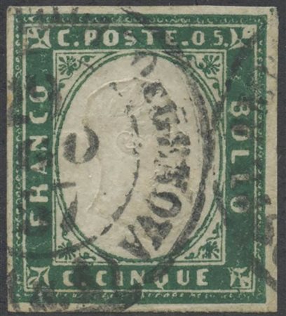 1855, 5c. N.13f Smeraldo Scuro, usato. (A) (A.Diena, Raybaudi) (Cat.1200)