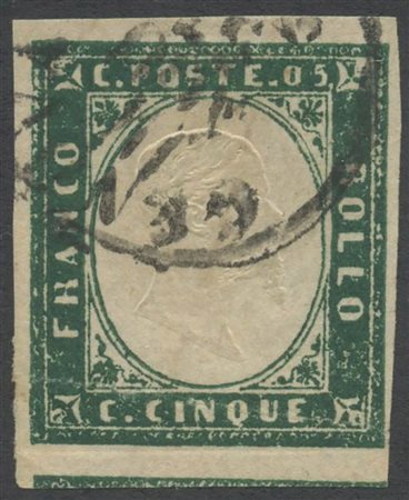 1857, 5c. N.13A Verde Mirto, Leggera Piega. (B) (Cat.900)