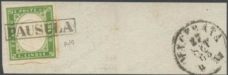 1863, 5c. N.13Da Verde Giallastro su frammento annullato con ''Pausula'' in...