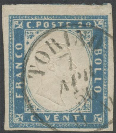1855, 20c. N.15 Cobalto, usato. (A+) (Cat.180++)