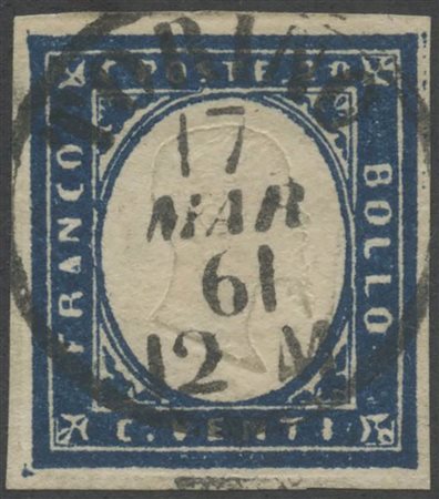17 Marzo 1861, 20c. N.15C Azzurro Scurissimo usato Torino il giorno della...