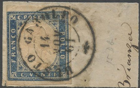 1861, 20c. N.15Dc Azzurro oltremare (chiaro) annullato con il doppio cerchio...
