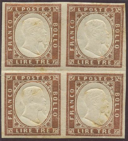 1861, 3L. N.18 Rame, i due esemplari in alto linguellati, quelli in basso...