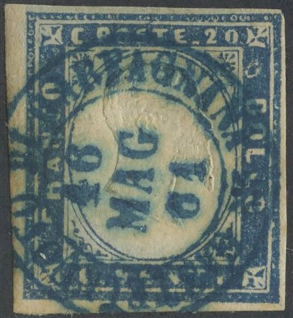 16.05.1861, 20c. N.15Dc Azzurro Oltremare annullato con il doppio cerchio di...