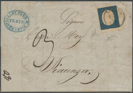 02.06,1854. Lettera da Torino per Piacenza affrancata con un 20c. N.8 Azzurro...