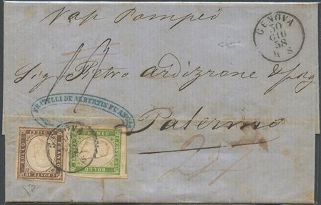 30.06.1858, Lettera spedita per via di mare da Genova per Palermo affrancata...