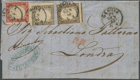 29.01.1861, Lettera da Genova per Londra affrancata per 60c. Tramite due 10c....