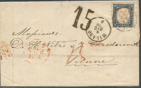 2.12.1860, Lettera da Milano per Vienna affrancata con un 20c. N.15Cc Azzurro...