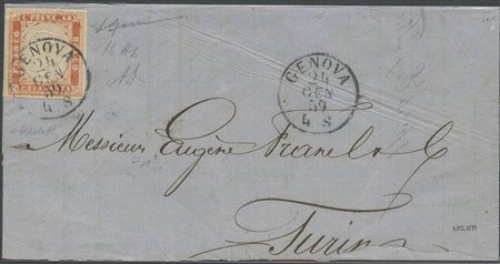 24.01.1859, Lettera da Genova per Torino affrancata con un 40c. N.16Ab...