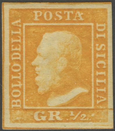 1859, 1/2gr. N.1 Arancio nuovo con gomma, linguellato. (A+) (Chiavarello)...