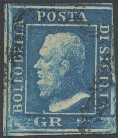 1859, 2gr. N.6f Azzurro Vivo (I tav), usato. Ritocco N.91 angolo inferiore...