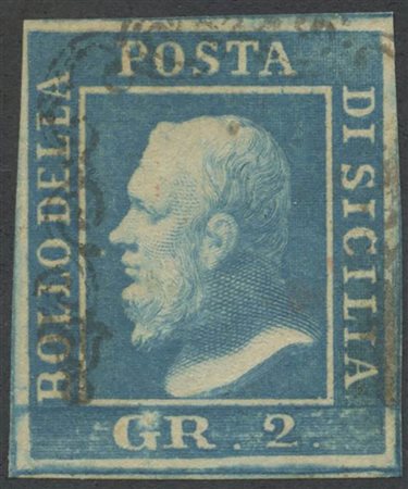 1859, 2gr. N.7a Azzurro (II tav), usato. (A+) (Chiavarello, A. Diena) (Cat.275)