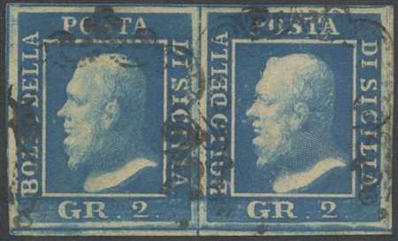 1859, 2gr. N.7c Cobalto Scuro (II tav), coppia in un'interessantissima...