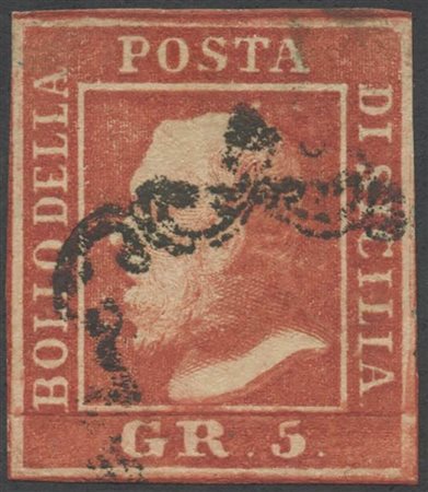 1859, 5gr. N.9c Rosso Sangue (I tav), usato. (A+) (A. Diena, E. Diena, Cert...