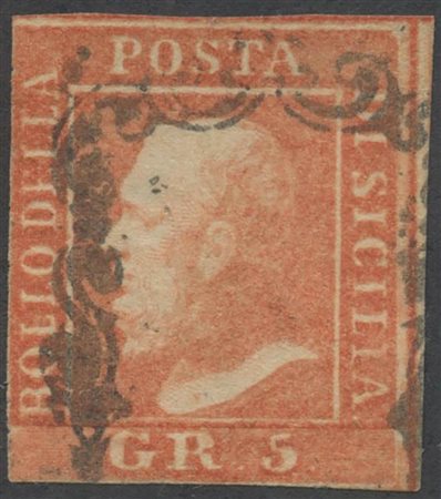 1859, 5gr. N.10a Vermiglio, usato. Margine sinistro sfiorato. (B) (Cat.6.000)