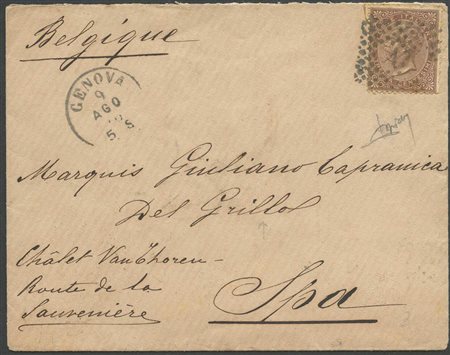 Lettera del 9 Ago. 1876 da Genova per Spa (Belgio) affrancata con 30c....