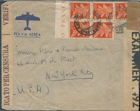 Lettera da Ancona a New York del 2 Sett 1941 spedita per via aerea ed...