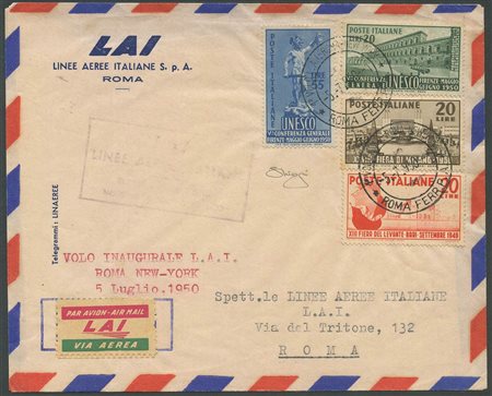 Volo Inaugurale L.A.I. Roma-New York 5 Lug. 1950. Affrancatura composta dai...