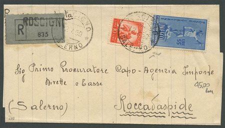 Lettera raccomandata da Roscigno a Salerno del 12 Lug 1950 in tariffa di 65L....