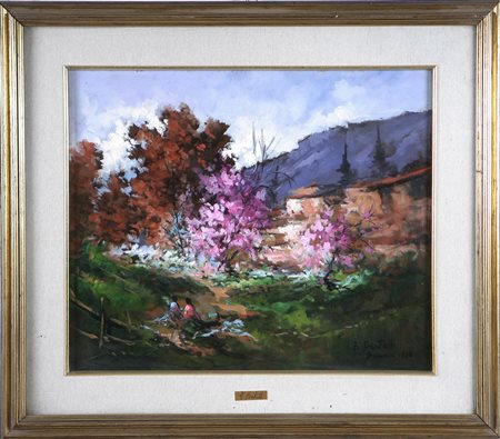BERTULLI FRANCO (1932 - 1998) Paesaggio con alberi in fiore in primo piano....