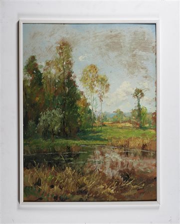 COMOLLI LUIGI (1893 - 1976) Paesaggio con stagno. Olio su compensato. Cm...