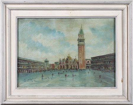 Piazza San Marco. Olio su tela. Cm 39,00 x 28,00. Firma illeggibile in basso...