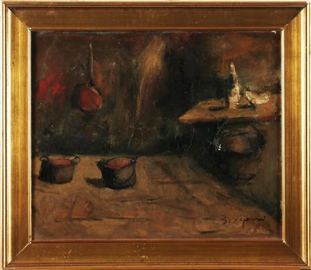 BERGOMI GIACOMO (1923 - 2003) Interno. Olio su tela . Cm 50,00 x 60,00. Firma...