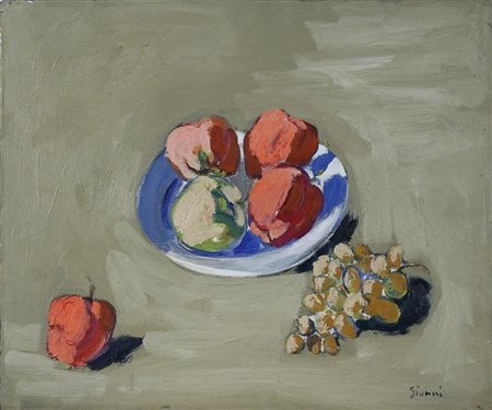 GIUNNI PIERO (1912 - 2000) Mele rosse e uva bianca. 1978. Olio su tela . Cm...