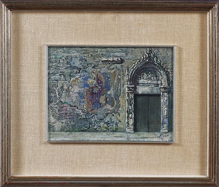 ASSONI GUERRINO Portale con affresco. Olio su tavola. Cm 24,00 x 18,00. Al...