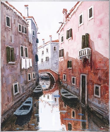 Ricordi veneziani. Olio su tela. Cm 120,00 x 100,00. Firma in basso a destra...