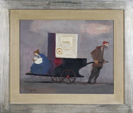 LONGARETTI TRENTO (n. 1916) Famiglia con organetto. Olio su tela . Cm 50,00 x...