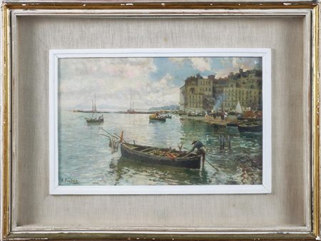 PRATELLA ATTILIO (1856 - 1949) Marina di Napoli con barche e personaggi. Olio...