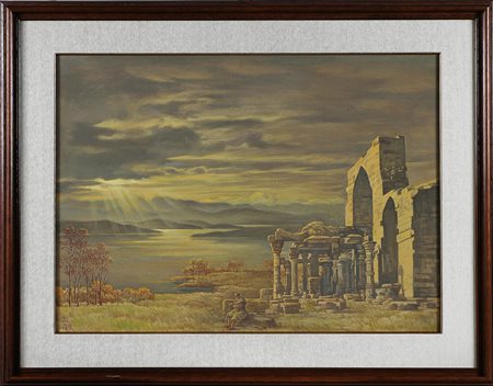 BORIS GEORGIEV (1888 - 1962) Paesaggio con rovine e personaggio. 1957. Olio...