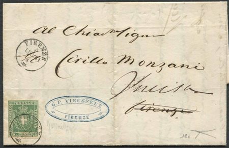 Toscana, Governo Provvisorio. 5 centesimi verde-giallastro (s.18c.) su lettera da Firenze per città del 3 luglio 1861., 