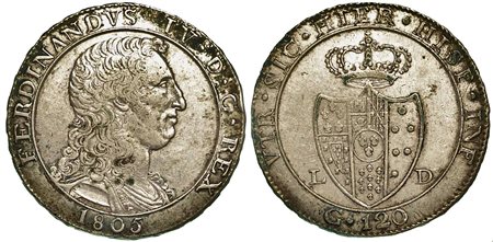 NAPOLI. Ferdinando IV di Borbone, 1799-1805 (secondo periodo)., 120 Grana 1805 (capelli ricci).