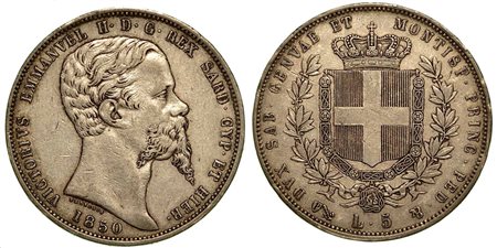 REGNO DI SARDEGNA. Vittorio Emanuele II di Savoia, 1849-1861., 5 Lire 1850, zecca di Genova.