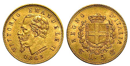 REGNO D'ITALIA. Vittorio Emanuele II di Savoia, 1861-1878., 5 Lire 1863, zecca di Torino.