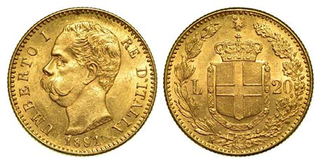 REGNO D'ITALIA. Umberto I di Savoia, 1878-1900., 20 Lire 1891 (con cifre 1 ribattute).