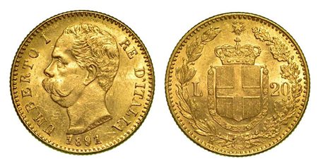 REGNO D'ITALIA. Umberto I di Savoia, 1878-1900., 20 Lire 1891 (con cifre 1 ribattute).